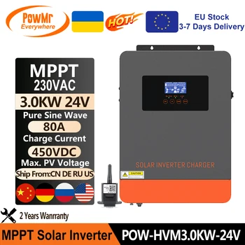 PowMr 3KW 24V hibrid güneş inverteri şarj cihazı 230VAC Çıkış PV 450VDC MPPT İle 80A Güneş şarj regülatörü Lityum Pil için