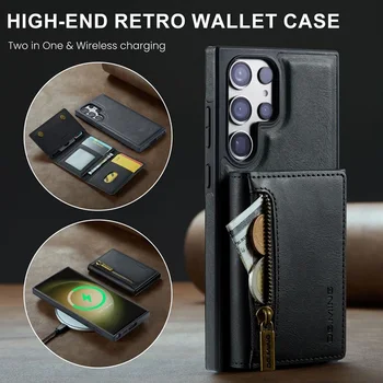 Samsung için uygun S24 S22 S23 Ultra Magsafe kablosuz şarj manyetik adsorpsiyon cüzdan tarzı deri kılıf kart tutucu ile