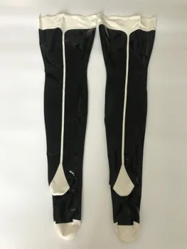Seksi Siyah Lateks Fetiş Uyluk Yüksek Uzun Çorap Cilt Sıkı Beyaz Trim ile