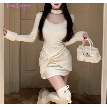 Seksi Uzun Kollu Hollow Out Katı Renk Kılıf Kadın Mini Elbiseler 2023 Kış Kadın Clubwear Yüksek Bel Slim Fit Örgü Elbise
