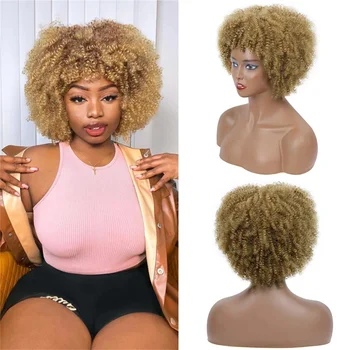 Sentetik Kısa Kıvırcık kahküllü peruk Afro Kinky Kıvırcık Peruk Afrika Kadınlar İçin Tutkalsız Ombre Kahverengi Sarışın Sentetik Peruk
