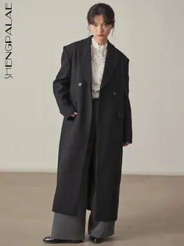 SHENGPALAE Mizaç Uzun Blazers Kadınlar İçin Kış Sıcak Düz Renk Çentikli Yaka Orta Buzağı Takım Elbise Ceket 2023 Yeni Dış Giyim R8185
