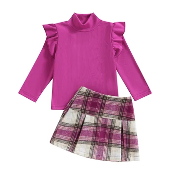 Sonbahar Bebek Kız giyim setleri Toddler Fırfır Uzun Kollu Balıkçı Yaka Üstleri + Ekose Etek Kıyafetler Çocuk Rahat Takım Elbise
