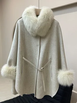 sonbahar kış kadın moda zarif lüks tilki kürk yaka yün pelerin ceket