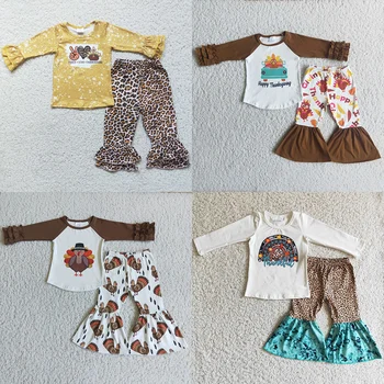 Sıcak Satış Çocuklar tasarımcı kıyafetleri Kız Şükran Günü noel kıyafeti Türkiye Baskı Butik Bebek Kız Giysileri Uzun Kollu Sonbahar Seti