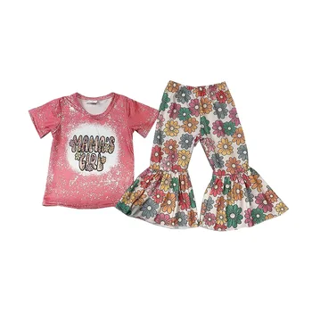 Toptan Sevgililer Kıyafetler Pembe Anne Kız Kısa Kollu Ayçiçeği Çiçek Çan Alt Pantolon Setleri