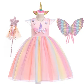 Unicorn Kız Diz Elbise Çocuklar Doğum Günü Partisi Prenses Lolita Kostüm Cadılar Bayramı Noel için Çocuk Topu Sahne Disfraz Mujer