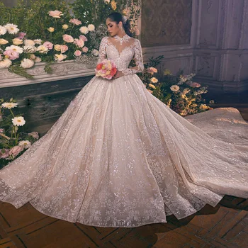 Vestidos De Novia Uzun Kollu Balo Gelinlik O-Boyun Prenses Hochzeitskleid Illusion Geri Lüks Robe Mariage