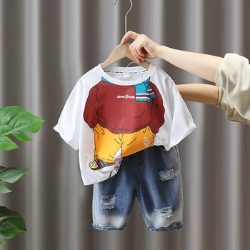 Yaz Moda Bebek Kız Erkek Giysileri Set 2-10Years Çocuklar Baskı T Shirt + Kot Şort 2 Adet Takım Elbise Yürümeye Başlayan Çocuk Giysileri Takım Elbise