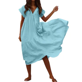 Yaz Rahat Plaj Elbiseleri Kadınlar İçin 2023 Yeni Tatil Balo Parti Elbise V Boyun Kısa Kollu Düz Renk Sundress Vestidos