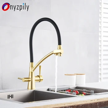 Yeni Altın Krom mutfak lavabo musluğu Dokunun Saf Su Filtresi Mikser Vinç Çift Kolları Arıtma Mutfak Sıcak ve Soğuk Musluk