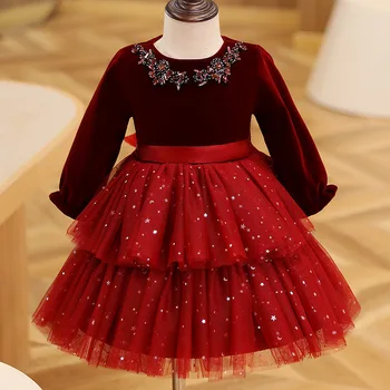 Yeni Bahar Kadife Bebek Kız Elbisesi Doğum Günü Partisi düğün elbisesi Çocuklar İçin Prenses Doğum Günü Akşam Tül Elbiseler Çocuk Giysileri