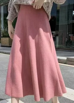 Yeni Kore versiyonu düz renk eşleştirme orta uzunlukta iplik etek moda gösterisi ince yüksek bel örme etek kadın
