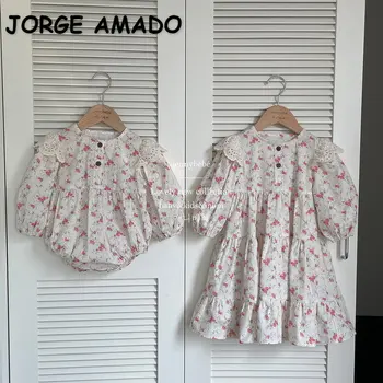 Yeni Sonbahar Aile Eşleştirme Kıyafetler Pembe Çiçek Uzun Puf Kollu Bodysuit Yuvarlak Yaka Prenses Elbise Kız Twins Giyim E153