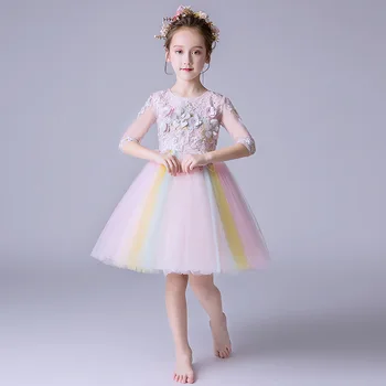 Yeni Varış Çiçek Kız Elbise Çocuklar 3D Çiçek Aplike Korse Gökkuşağı Tül Parti düğün elbisesi Resmi Kız Giyim