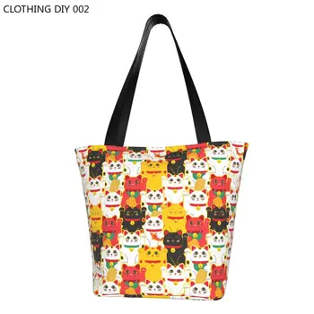 Yeniden kullanılabilir Maneki Neko Sallayarak alışveriş çantası Kadın Omuz Tuval Tote Çanta Taşınabilir Şanslı Kedi Japon Takılar Bakkal Alışveriş Çantaları