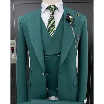 Yeşil Resmi erkek Takım Elbise 3 Parça Şal Yaka Yelek Düğün Damat Terno Masculino İş Özel Erkek Blazer Ceket Yelek Pantolon