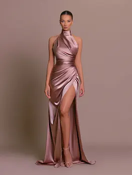Zarif Katı Saten Bölünmüş Maxi Elbise Kadın Moda Standı Yaka Kolsuz Pilili Elbise 2023 Kadın Lüks Ziyafet Akşam Elbise