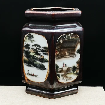 Çin Seramik Renk Porselen Dağlar Nehirler Altıgen Fırça Pot Kalem Vazo
