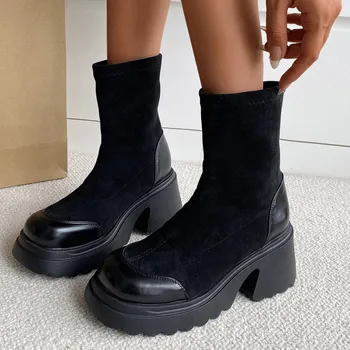 Çizmeler Kadın Patik 2023 Bayanlar İngiliz Tarzı Katı Süet Kalın Taban Kalın Topuk kısa çizmeler S Çizmeler Kadınlar İçin Mini Zapatos