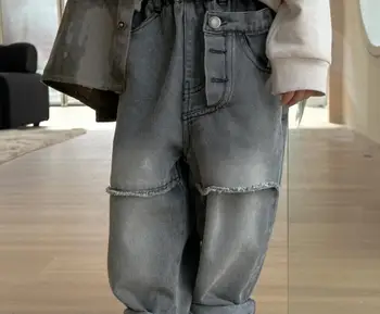 Çocuk Kot 2023 Sonbahar Yeni erkek Hazine Sonbahar Giysileri Erkek İki Kapı Ön Moda Serin Ham Kenar kot pantolon