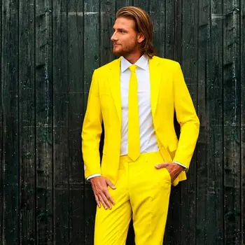 Özel Yapılmış Moda Damat Terno Masculino 2 Adet Sarı Bir Düğme Çentik Yaka Sigara Erkek Takım Elbise (Blazer + Pantolon)