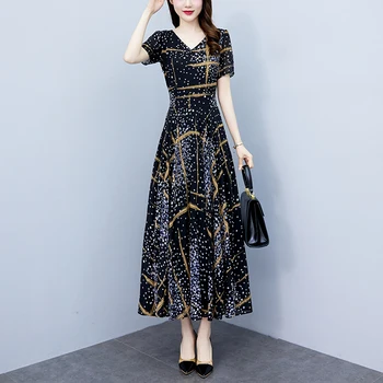 Şifon Kadın Elbise Yaz Yeni Elbiseler Kadınlar için 2023 Kısa Kollu Baskı Kadın Giyim Kore Moda Zarif ve Güzel Elbise